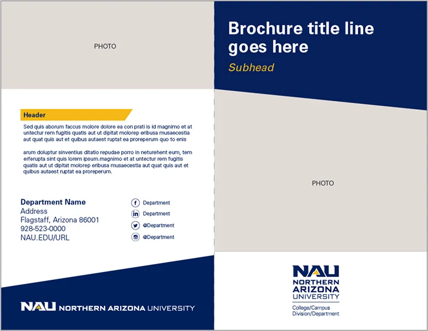 An NAU brochure template with photo areas, text blocks, contact fields and logos.