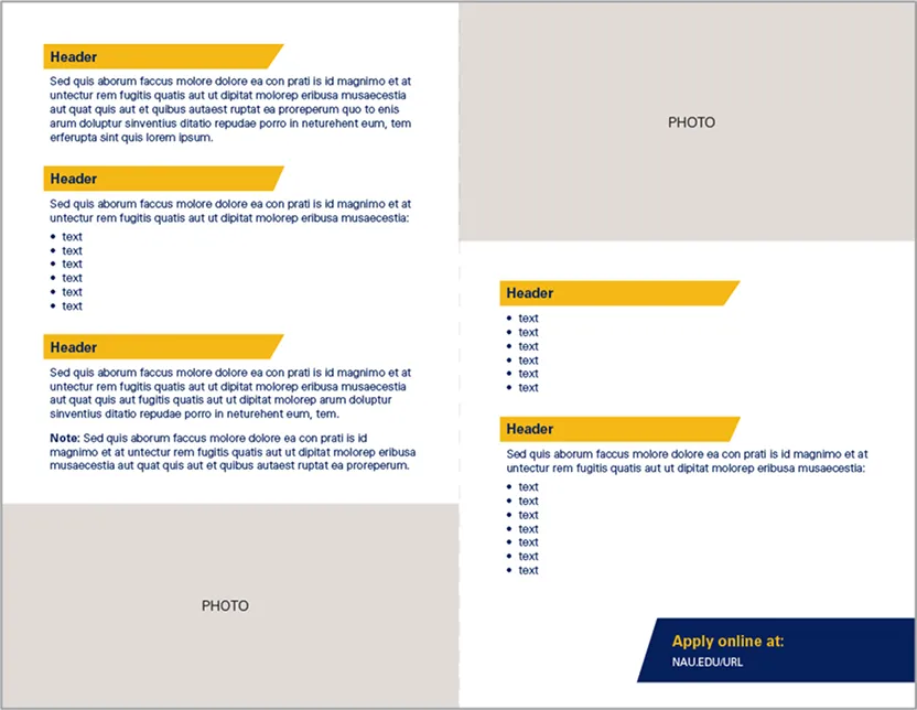 A layout with yellow headers, bullet points, two photo areas and an application prompt.