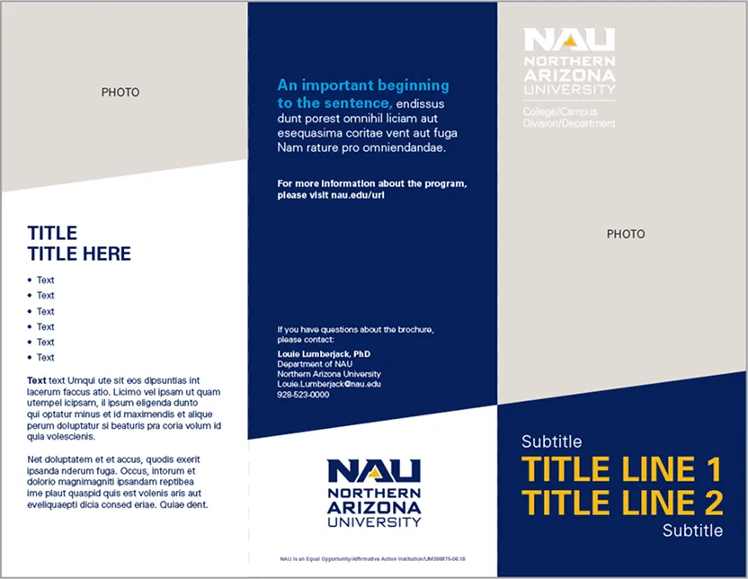 An NAU brochure template with photo, title and contact placeholders.