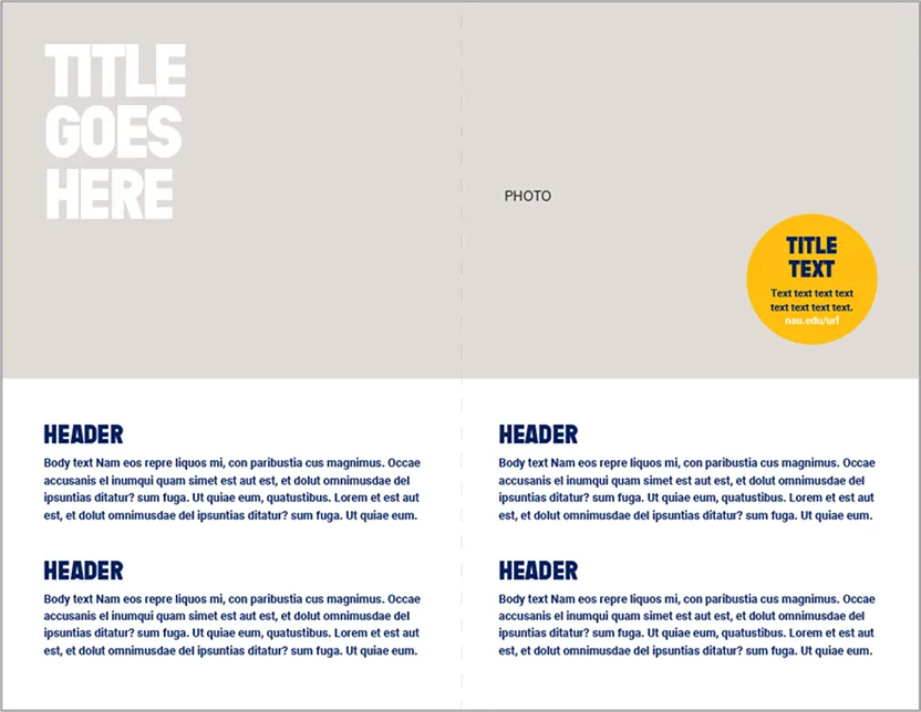 A template with title, photo and header fields plus a yellow circle for a URL.