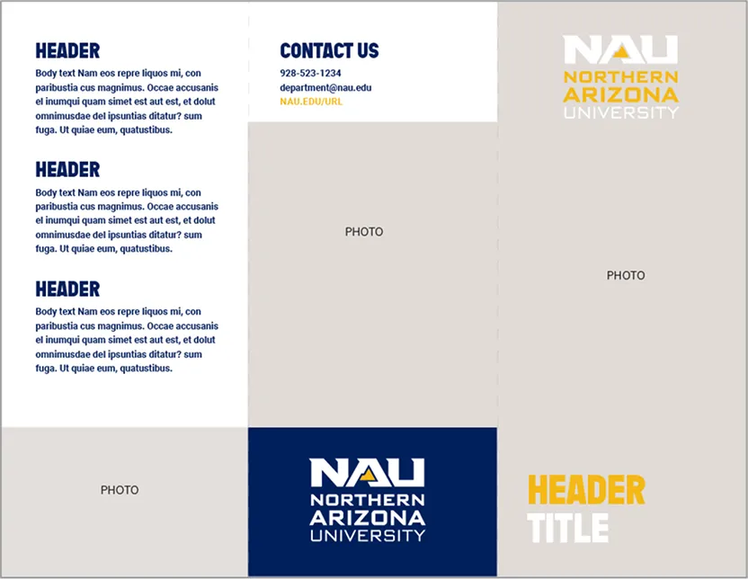 An NAU brochure layout with headers, contact details, logos and photo placeholders.