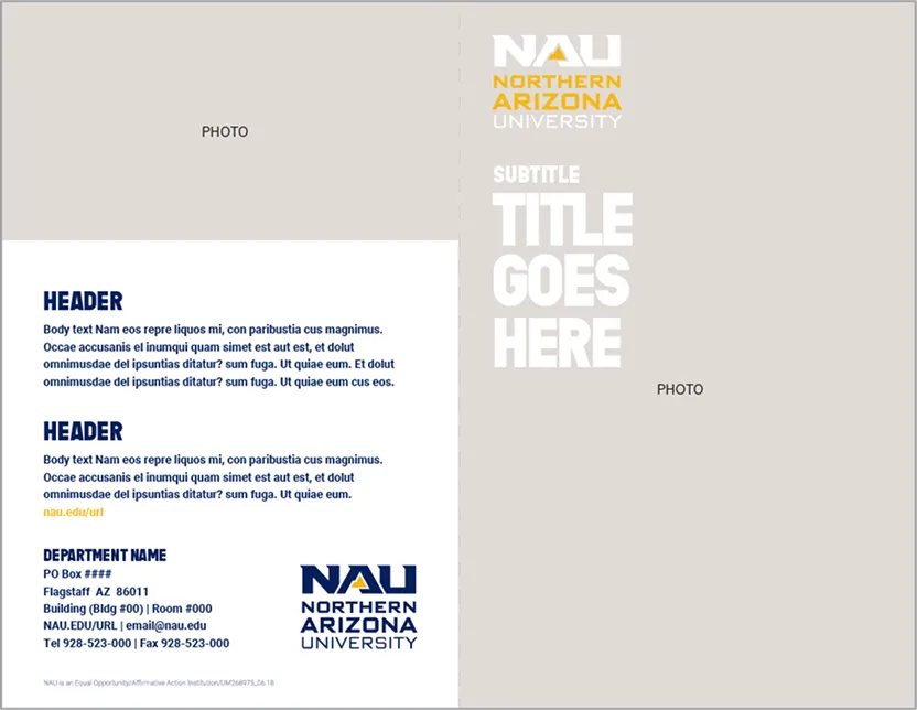 An NAU template with logo, text blocks and photo placeholders on both sides.