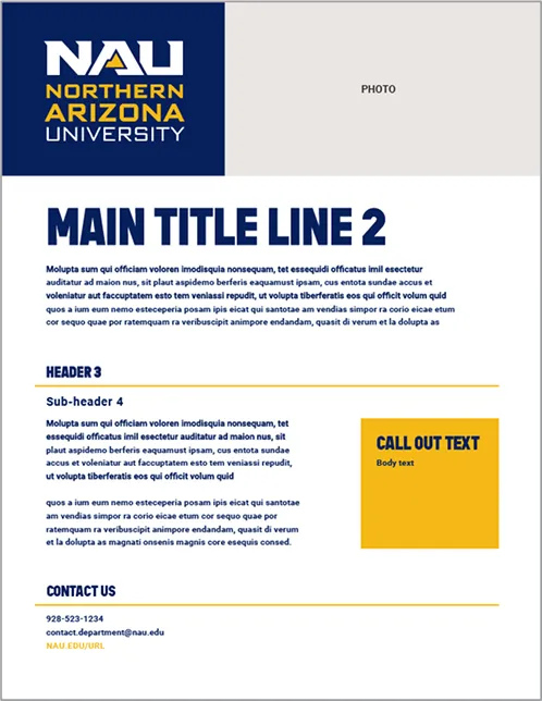 An NAU template with headings, body text, a photo area and a yellow call-out box.