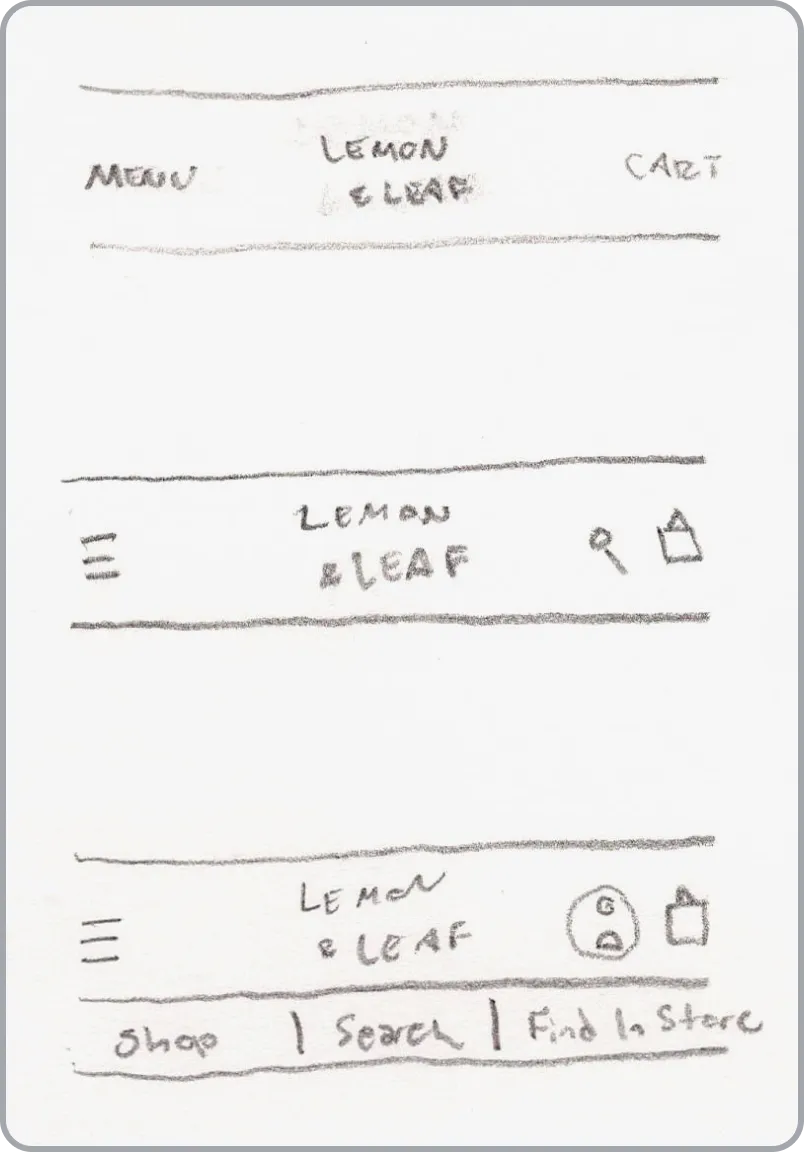 A hand-drawn sketch exploring Lemon & Leaf navigation bar layouts and logo placement.