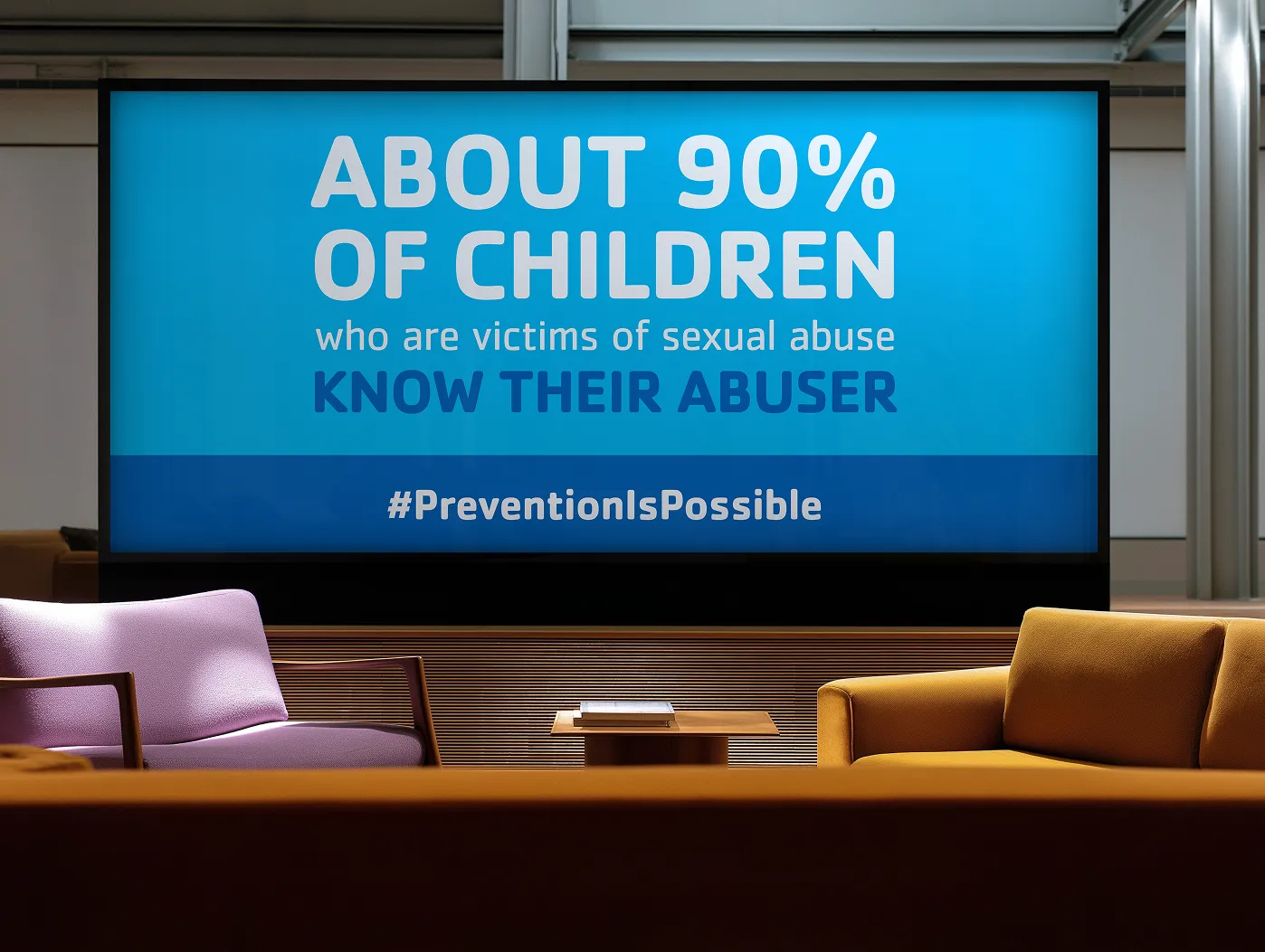 A screen displaying a YMCA prevention awareness message, tagged #PreventionIsPossible.
