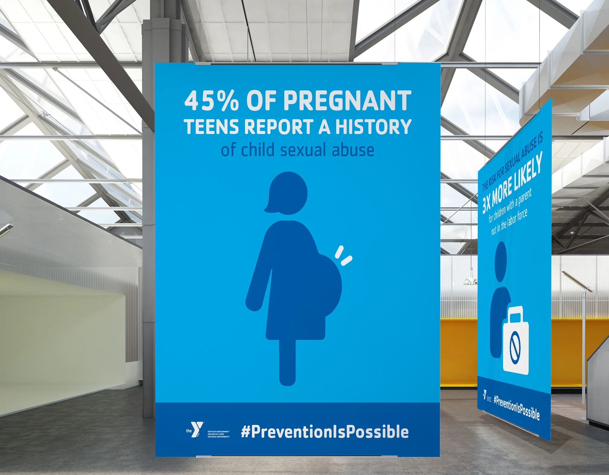A blue YMCA awareness poster presenting a statistic with a figure illustration.