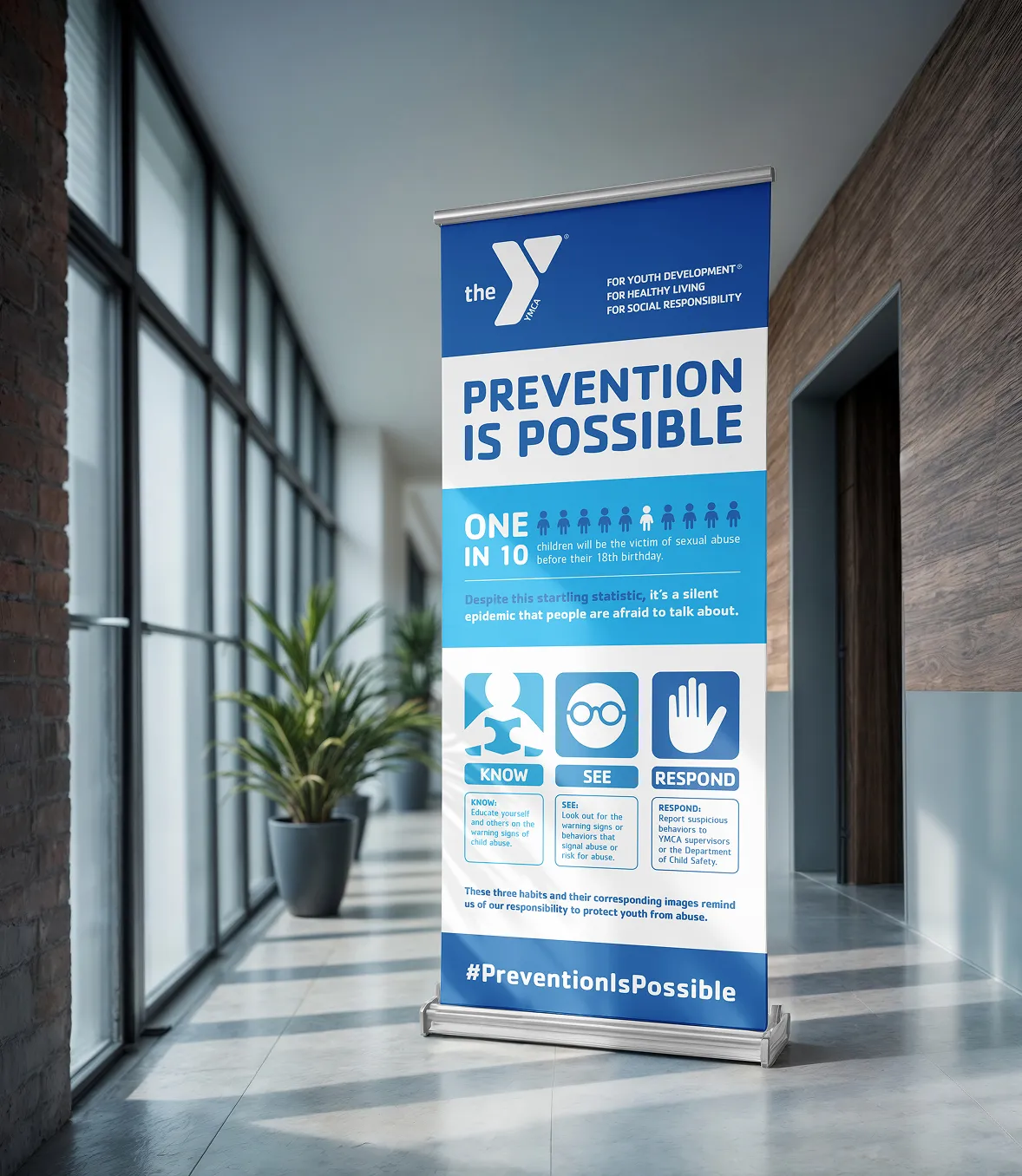 A YMCA pull-up banner headed "Prevention is possible", with statistics and icon panels.