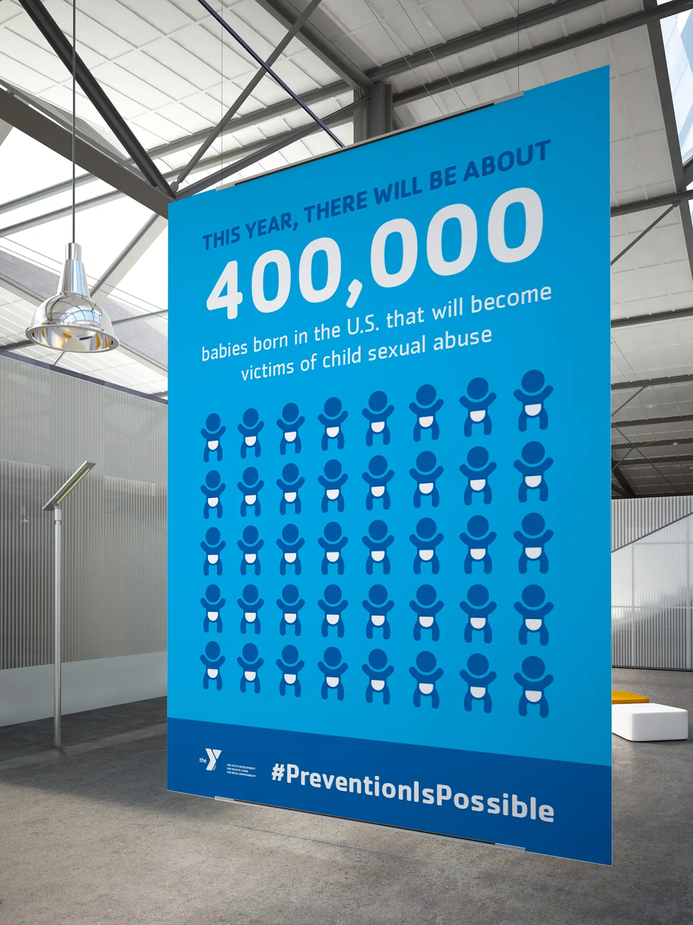 A tall blue YMCA awareness banner presenting a figure of 400,000, illustrated with icons.
