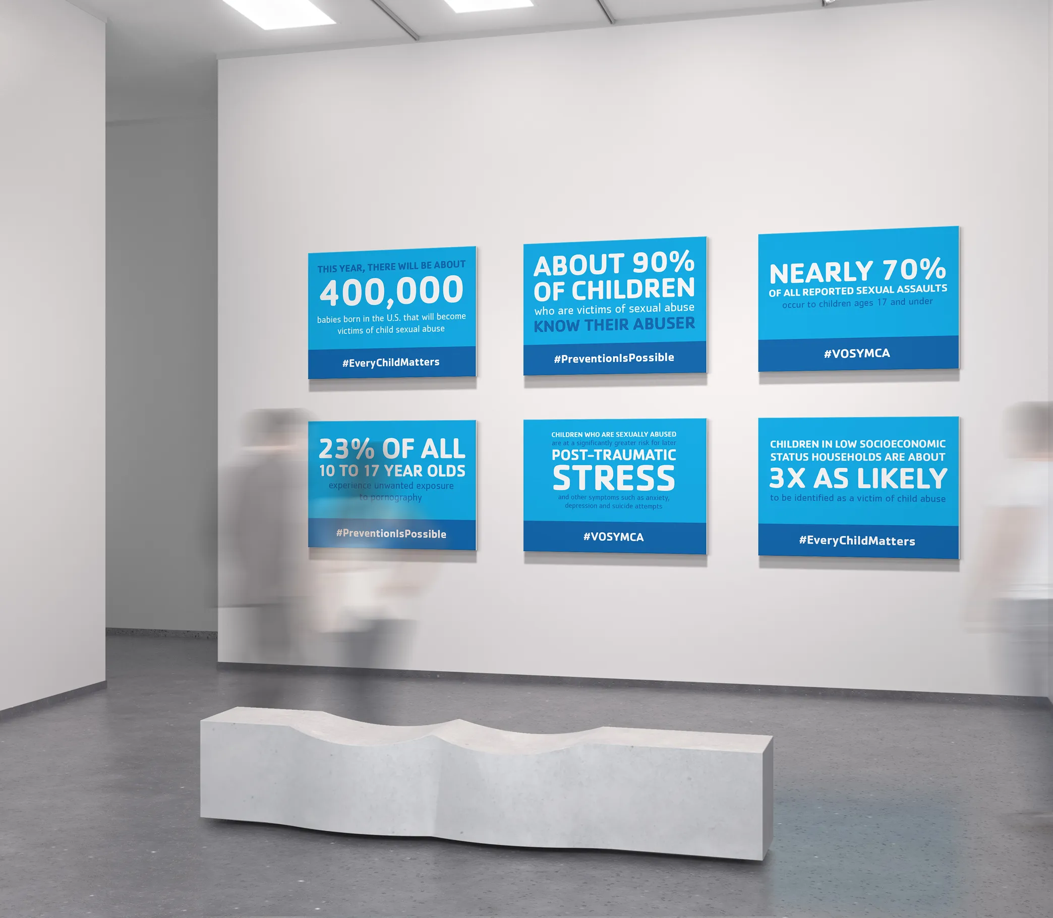 A gallery wall of six blue YMCA awareness posters presenting prevention statistics.