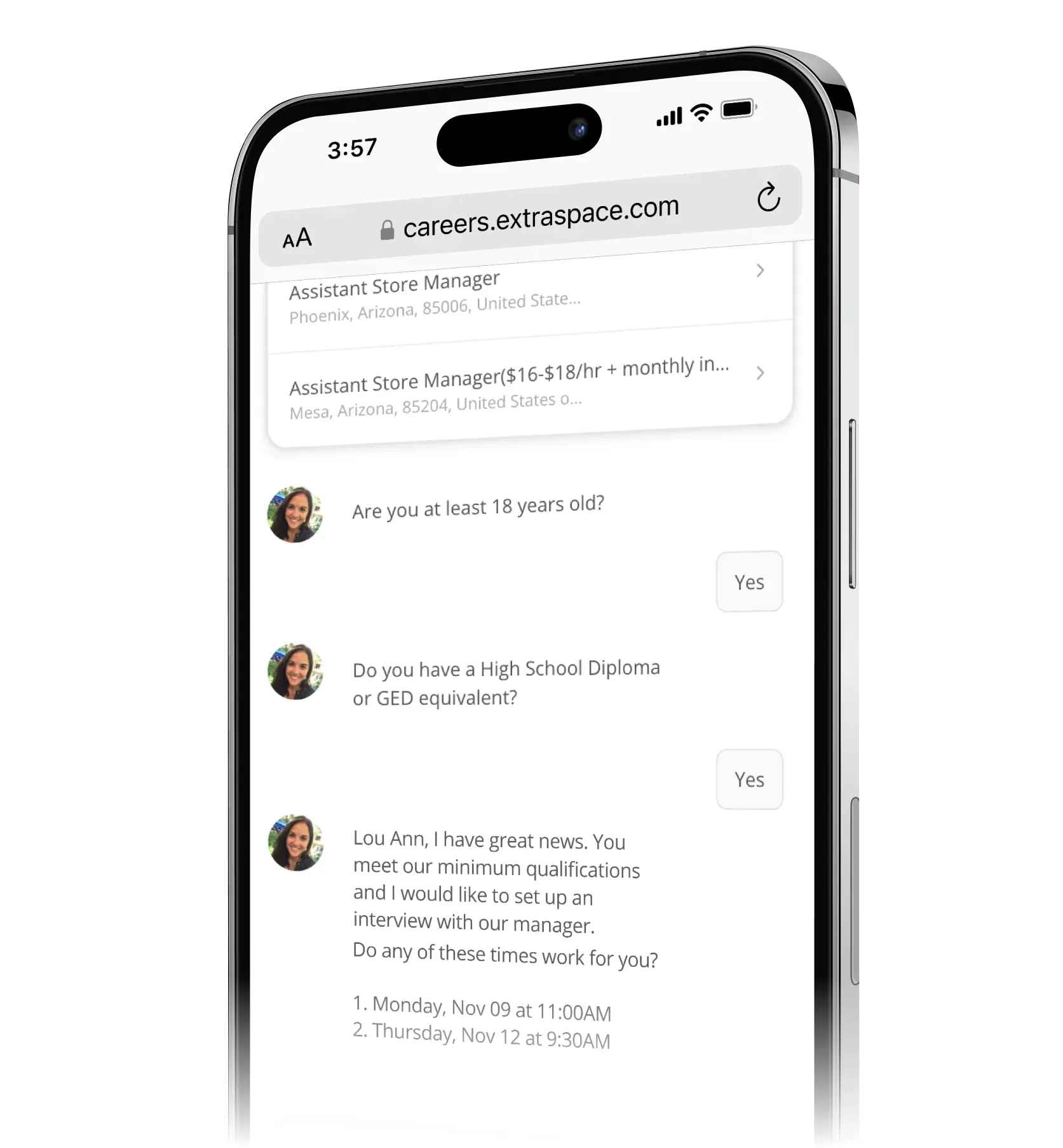A phone showing a Paradox careers site conversation with an assistant scheduling an interview.