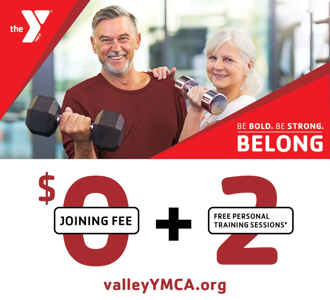 A YMCA advertisement of two people lifting weights, with a $0 joining fee and free training offer.