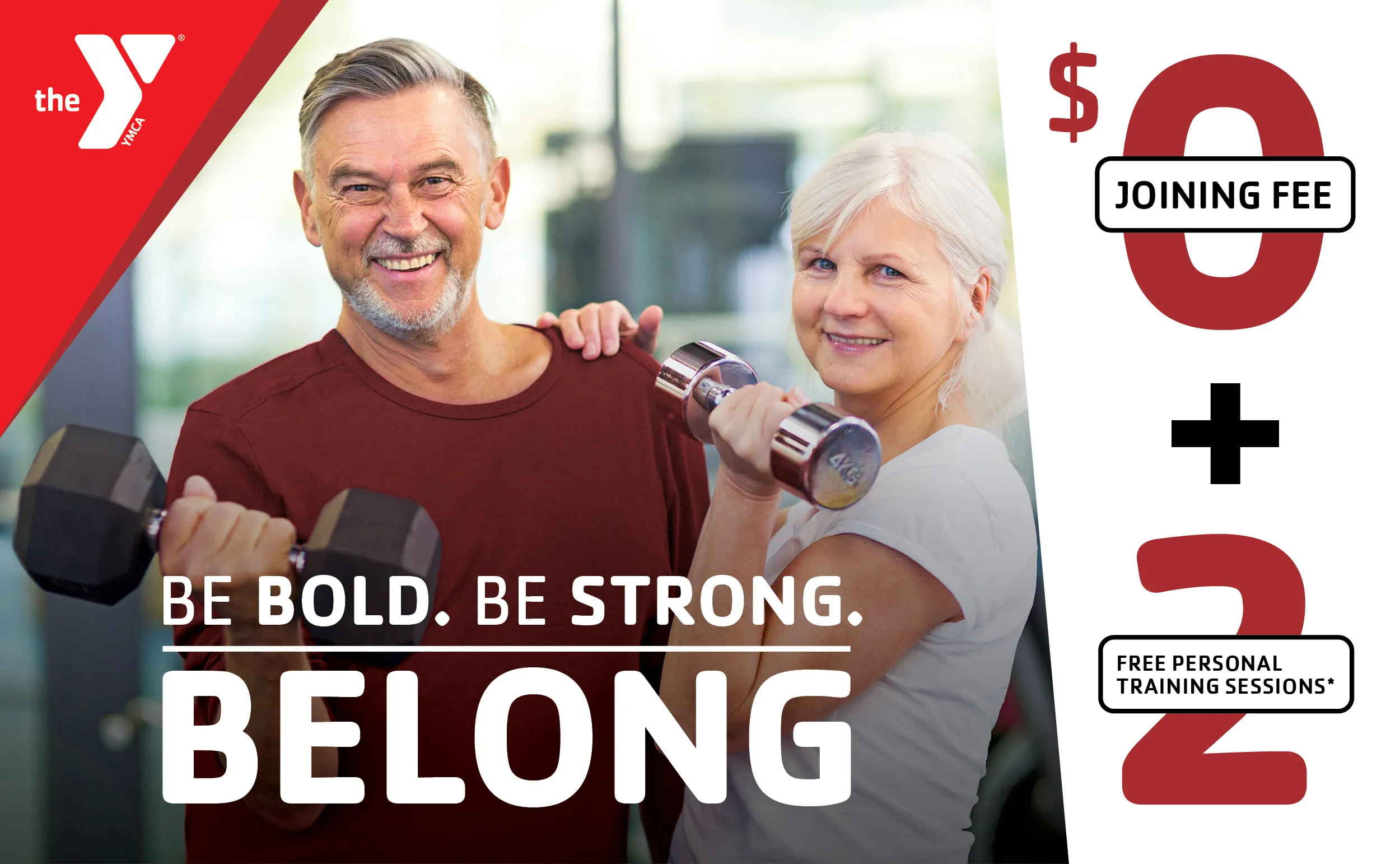 A tall YMCA advertisement pairing gym photography with a $0 joining fee offer.