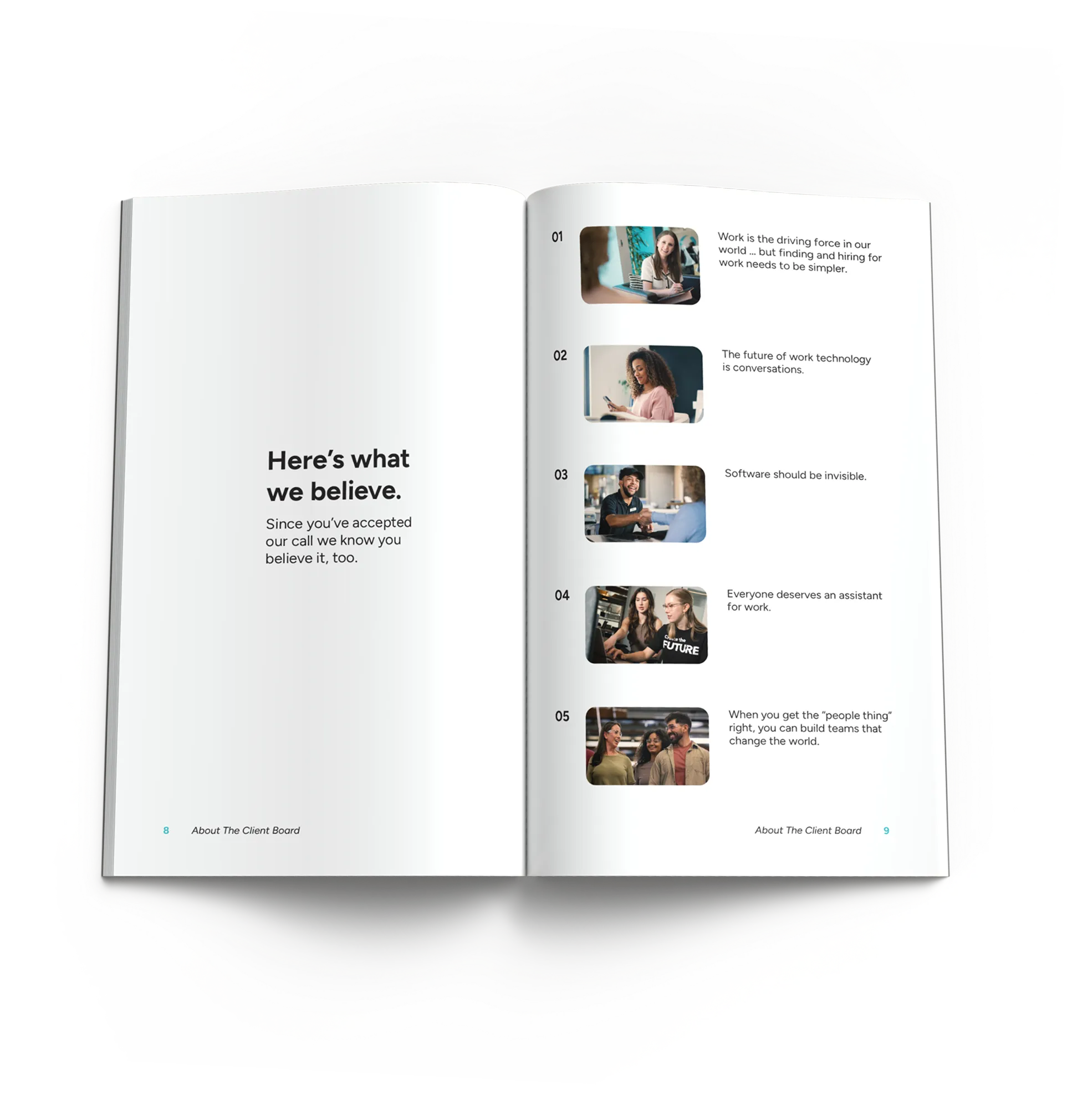 Open book showing text about 'The vision' and 'advisory board' with photos of speakers and audience.