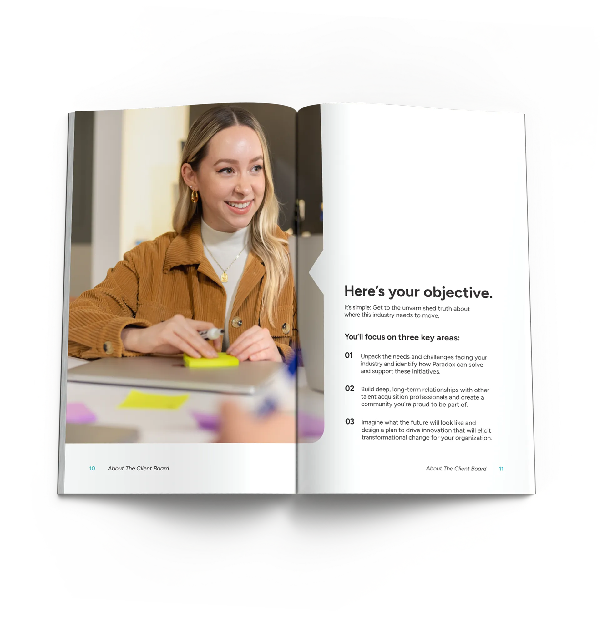 Open book with text about a community vision and advisory board, featuring photos of people speaking and engaging.