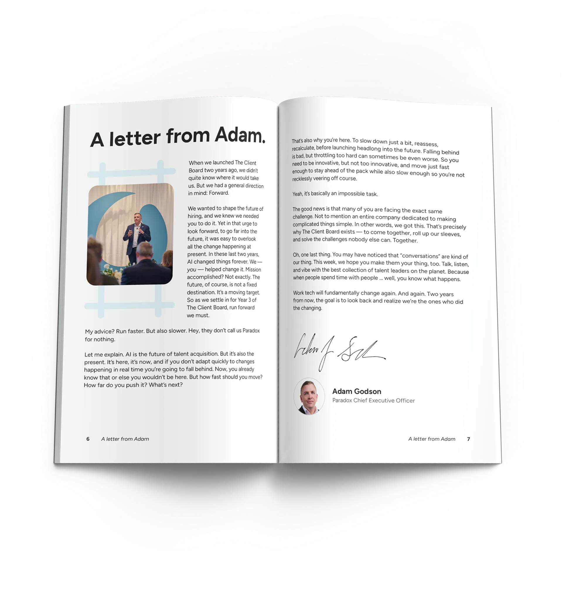Open book spread showing text about The Client Board vision with images of people speaking and interacting.