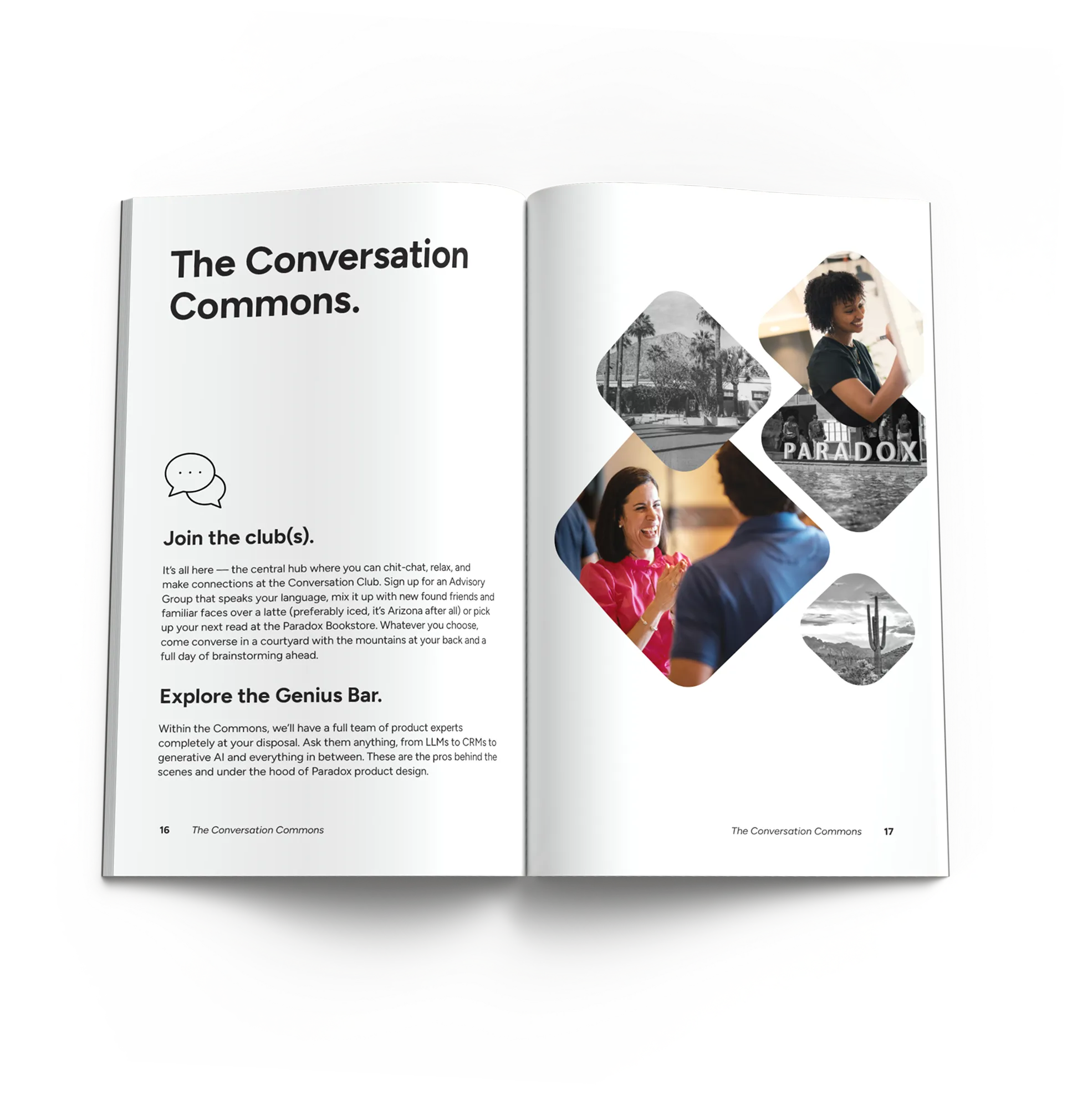 An open program spread headed "The Conversation Commons." with a diamond-tiled photo collage.