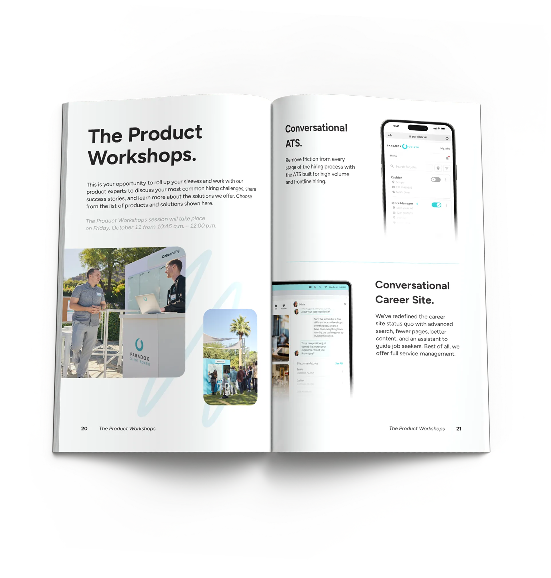 An open program spread headed "The Product Workshops." showing Conversational ATS and Career Site screens.