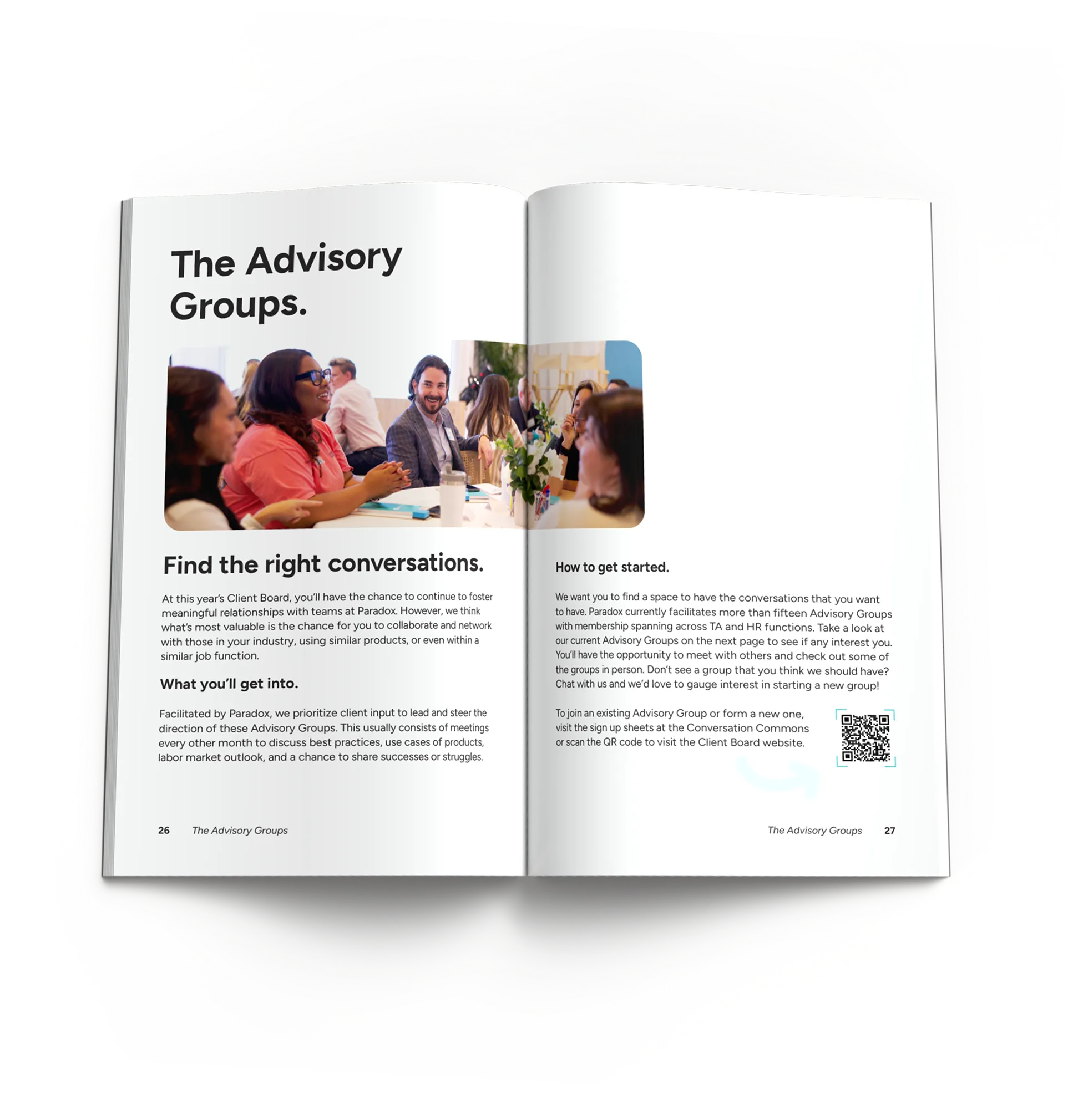An open program spread headed "The Advisory Groups." with a photo of attendees talking and a QR code.
