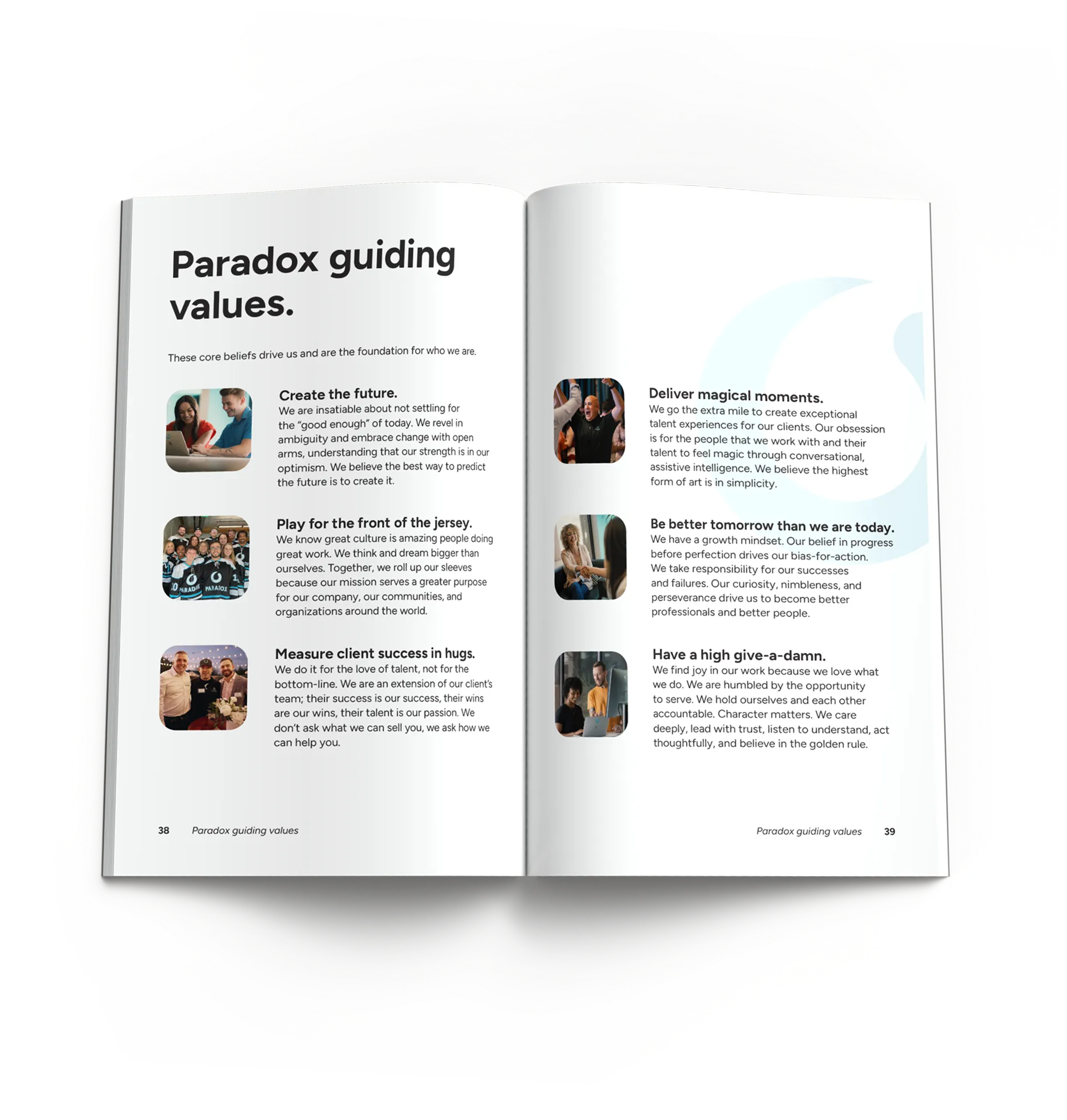 An open program spread headed "Paradox guiding values", listing six values with small photographs.