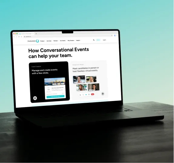 A close view of a laptop displaying the Paradox page "How Conversational Events can help your team."