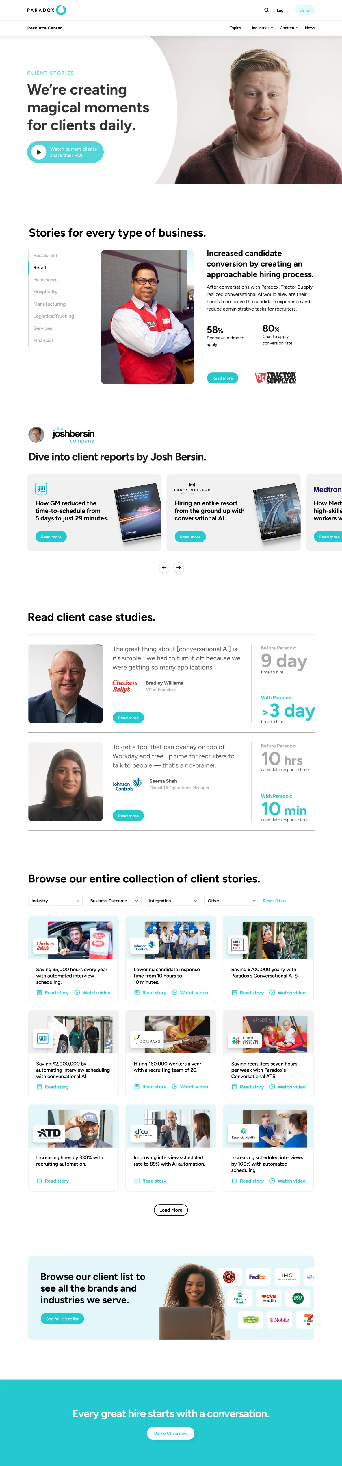 A full-length screenshot of the Paradox client centre page with a client story and article cards.