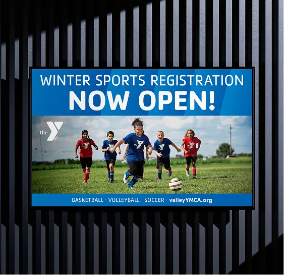 A YMCA "Winter sports registration now open" graphic featuring young players.