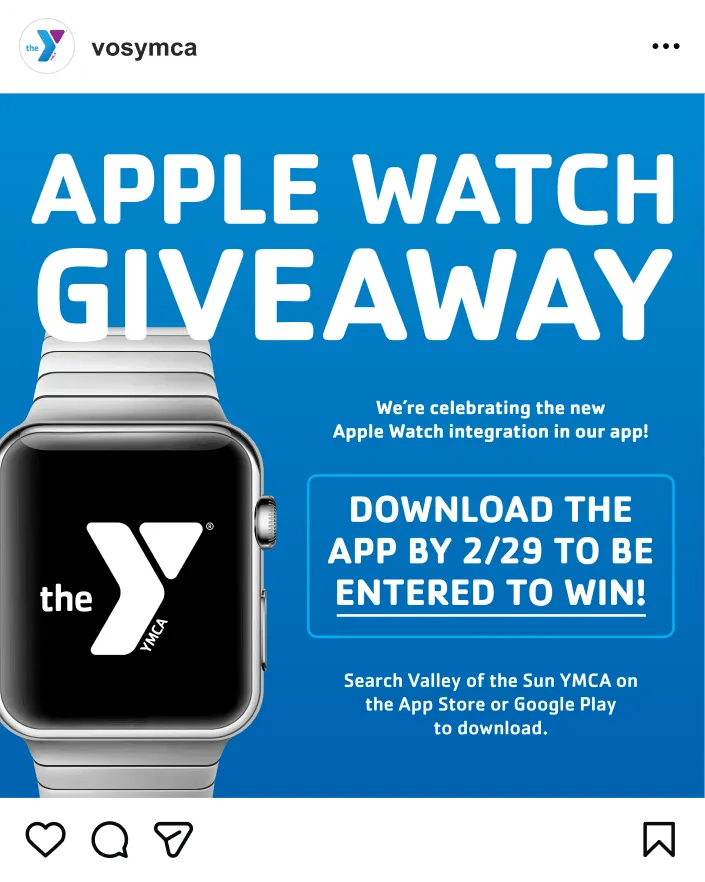 A YMCA social post promoting an Apple Watch giveaway for app downloads.