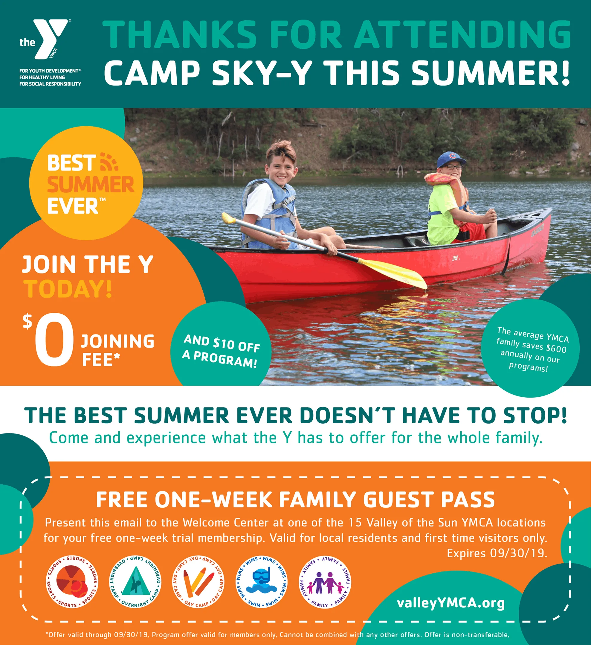 A YMCA email thanking families for attending Camp Sky-Y, with a free one-week membership offer.