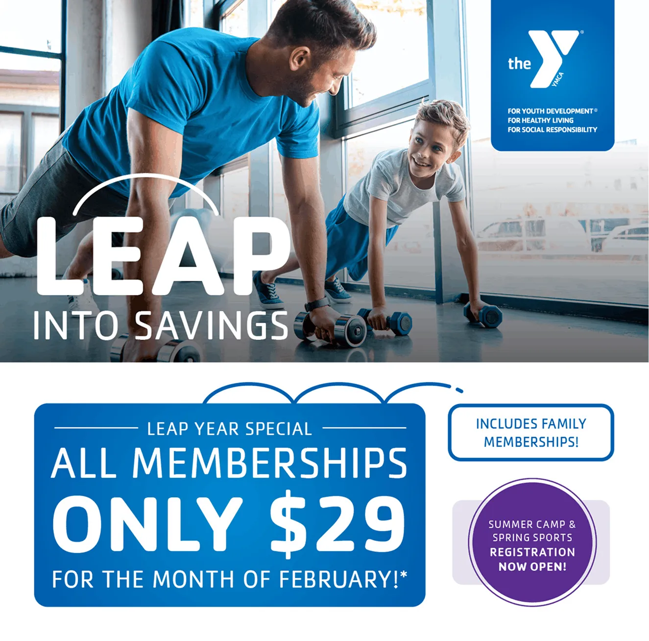A YMCA "Leap into savings" advertisement offering all memberships at $29 for February.