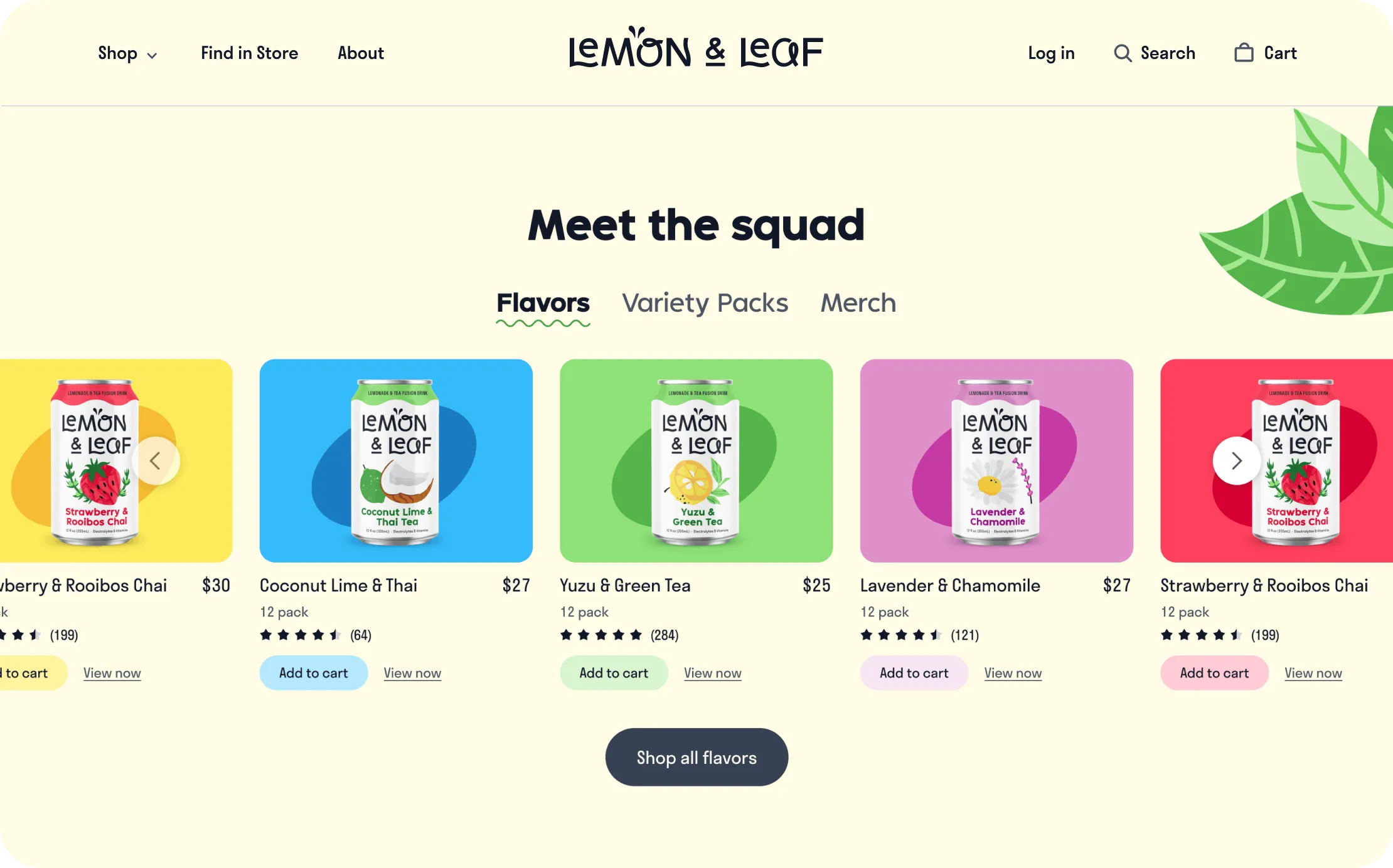The Lemon & Leaf shop page headed "Meet the squad", showing flavour variants and prices.