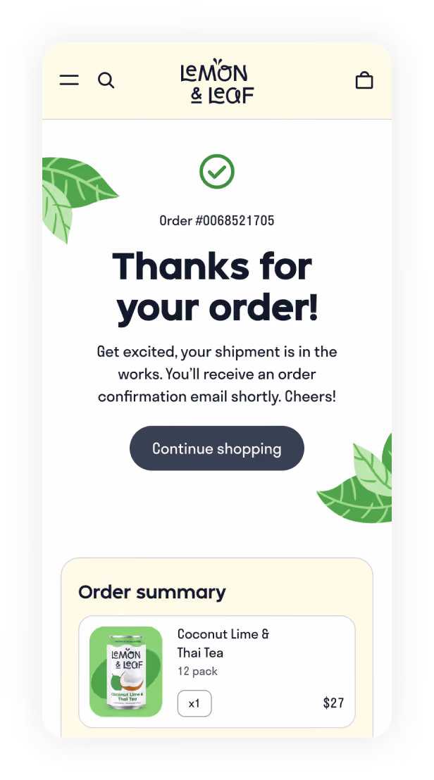 A mobile order confirmation screen reading "Thanks for your order!" above an order summary.