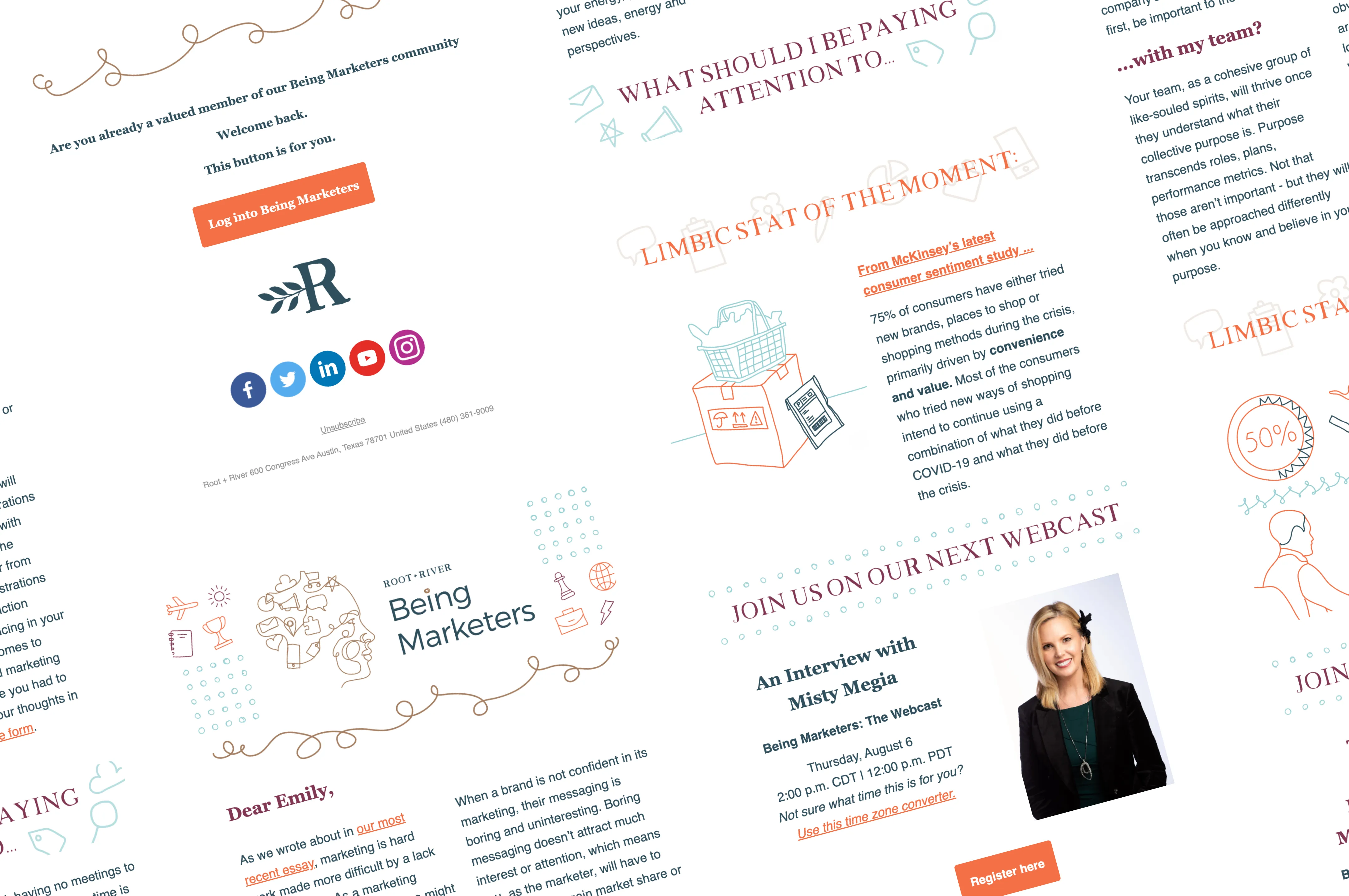 A collage of Being Marketers email newsletters with illustrations and webcast invitations.