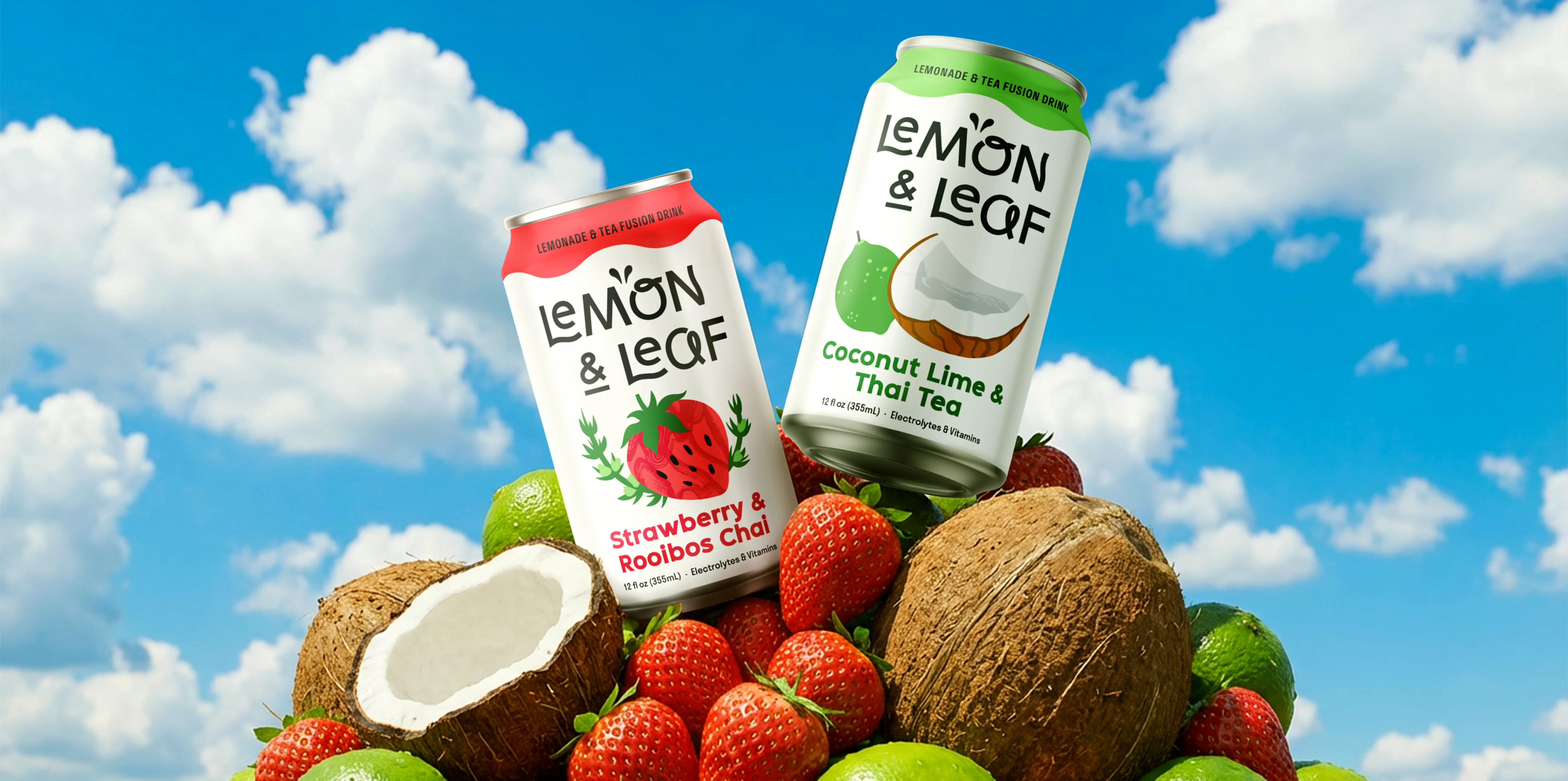 Lemon & Leaf Strawberry & Rooibos Chai and Coconut Lime & Thai Tea cans on fruit against a blue sky.