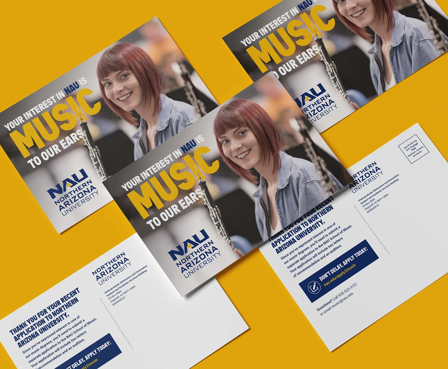 Flyers for Northern Arizona University music program featuring a smiling woman with a clarinet.