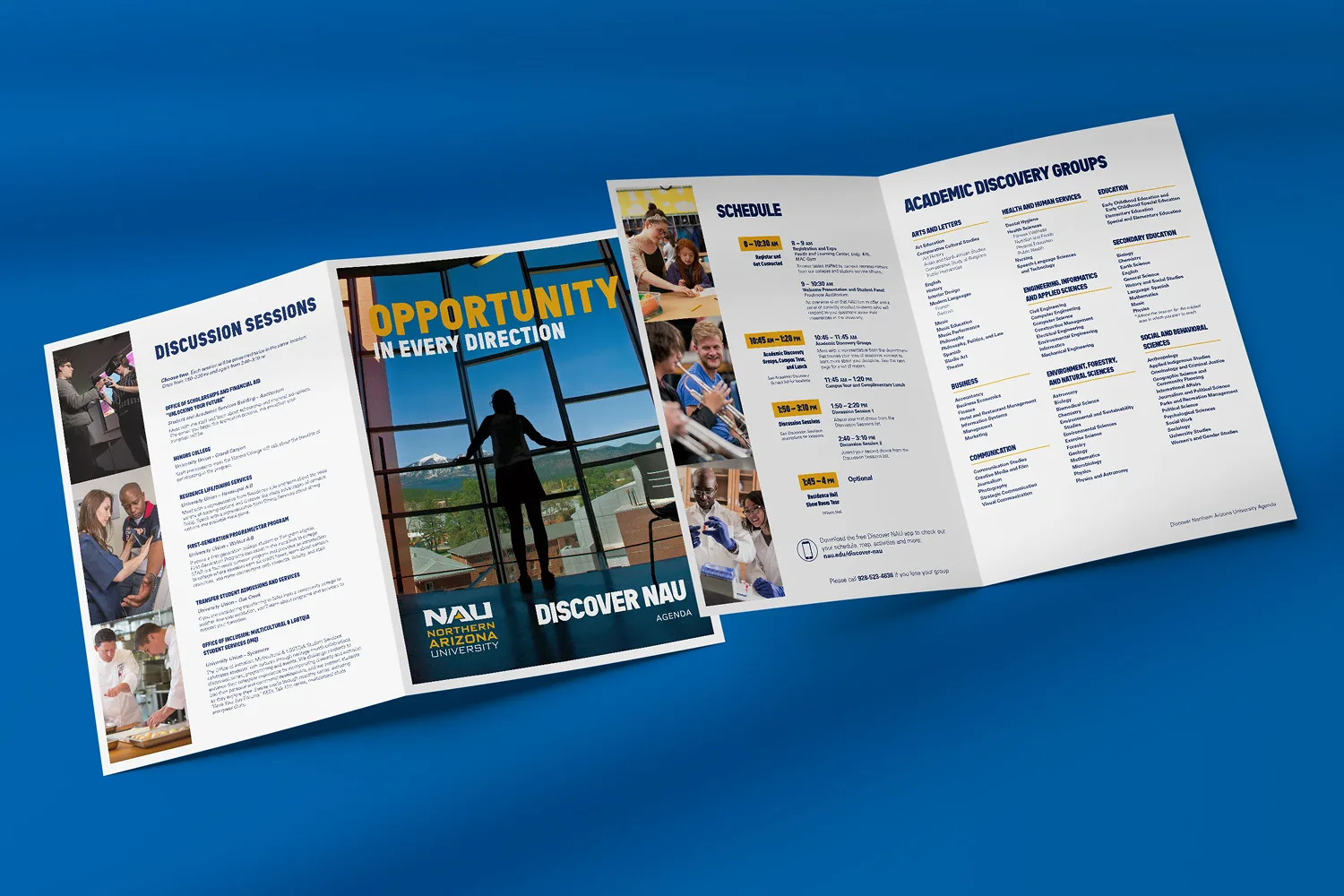 NAU Discover brochures shown open and folded on a blue background.