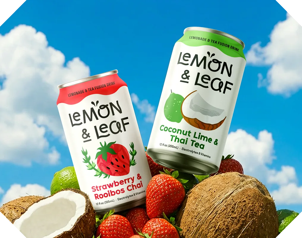 Two Lemon & Leaf cans: Strawberry & Rooibos Chai and Coconut Lime & Thai Tea with fruit background.
