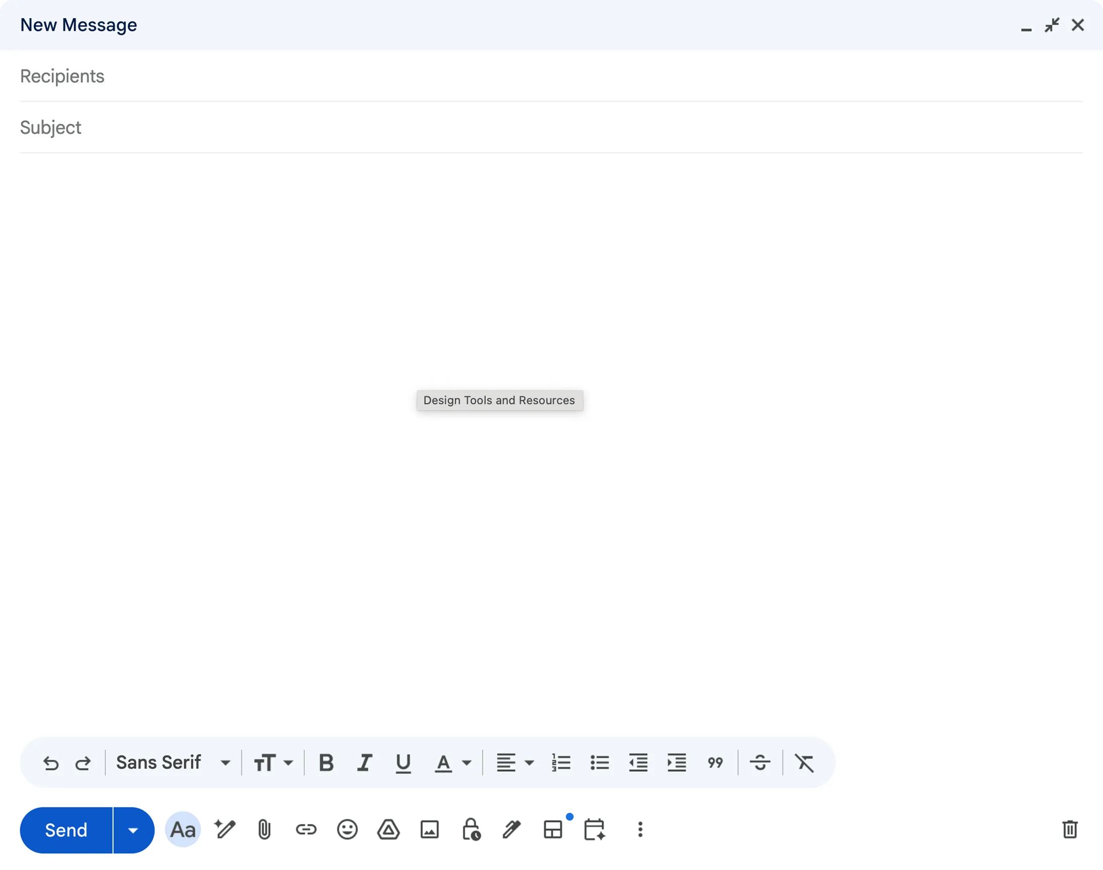 An email compose window with empty recipient and subject fields.