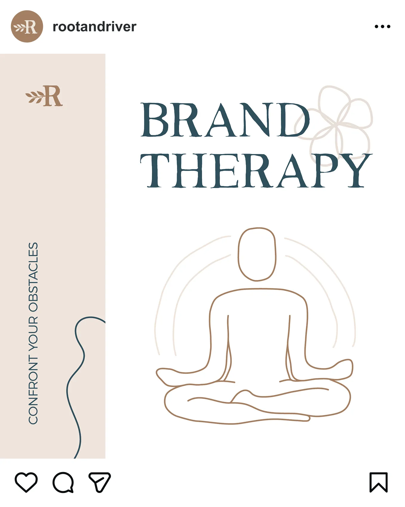 A Brand Therapy Instagram post reading "Confront your obstacles" with a seated meditation drawing.