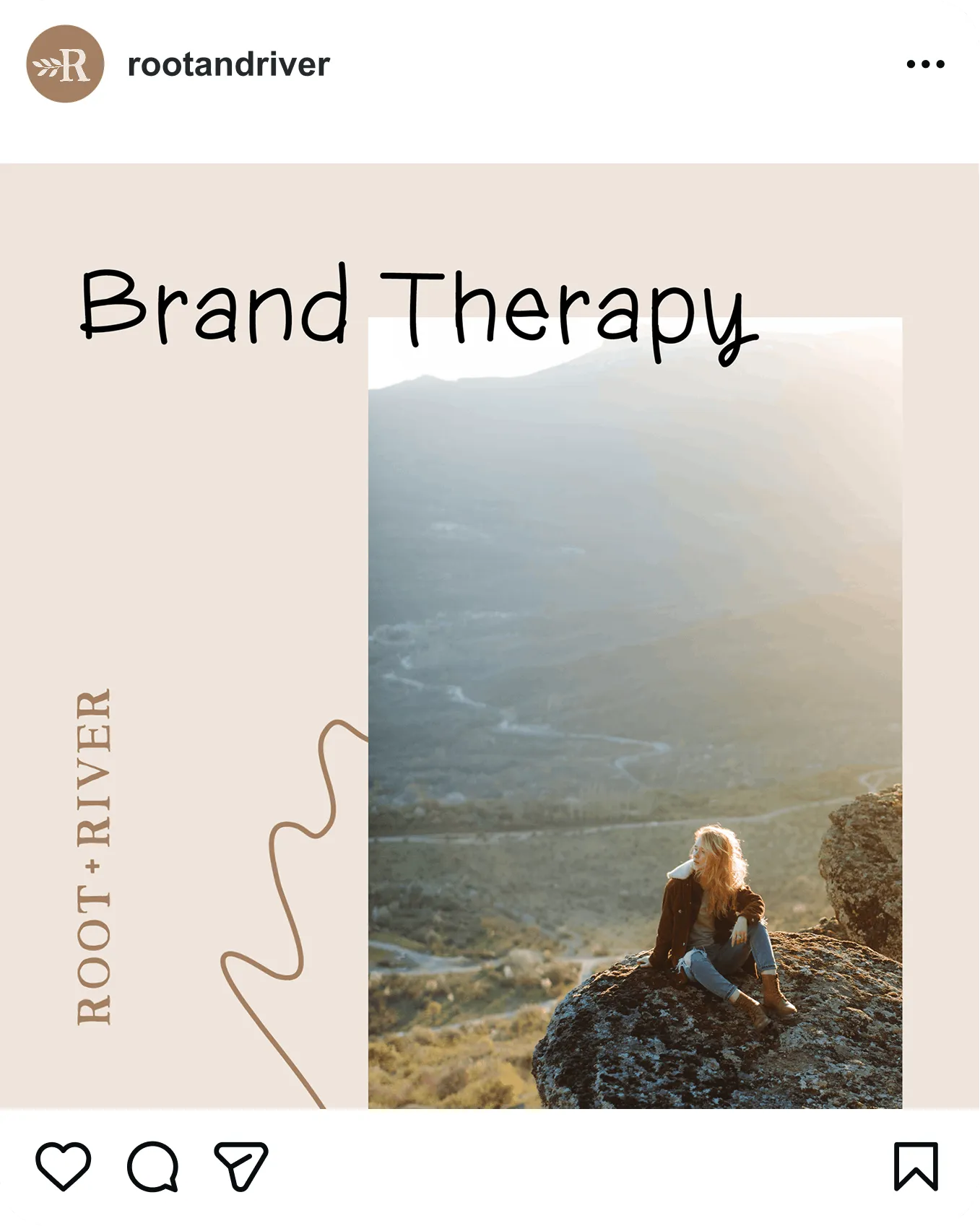 A Brand Therapy Instagram post with a photograph of a woman sitting on a clifftop.