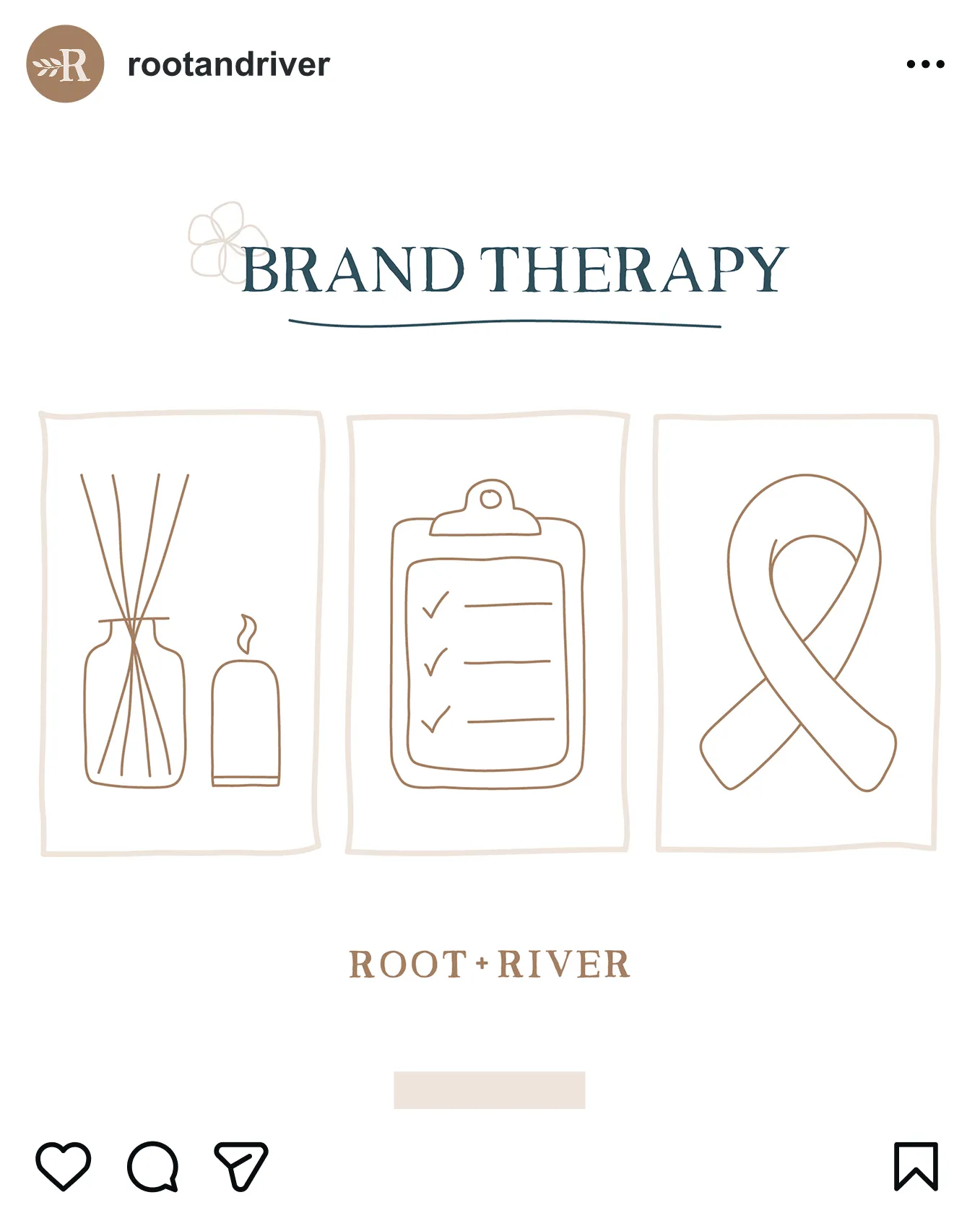 A Brand Therapy Instagram post with line drawings of a diffuser, clipboard and ribbon.