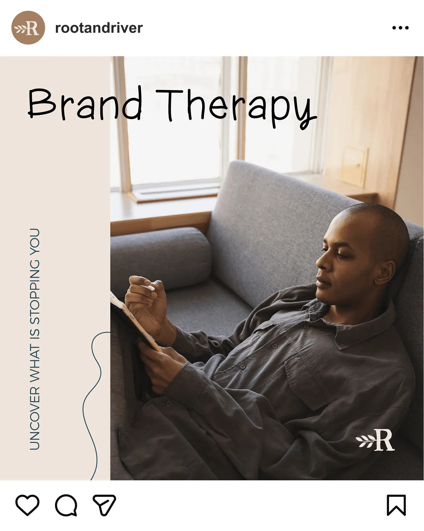 A Brand Therapy Instagram post showing a man writing on a clipboard on a sofa.