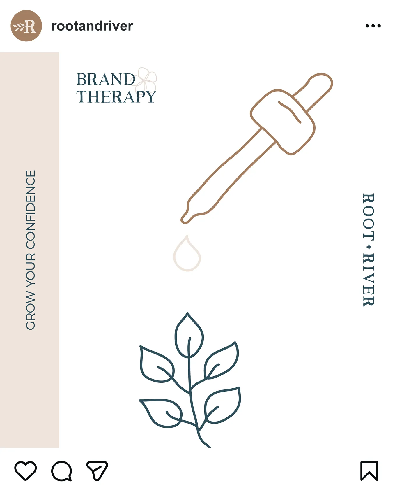 A Brand Therapy Instagram post reading "Grow your confidence" with dropper and plant drawings.