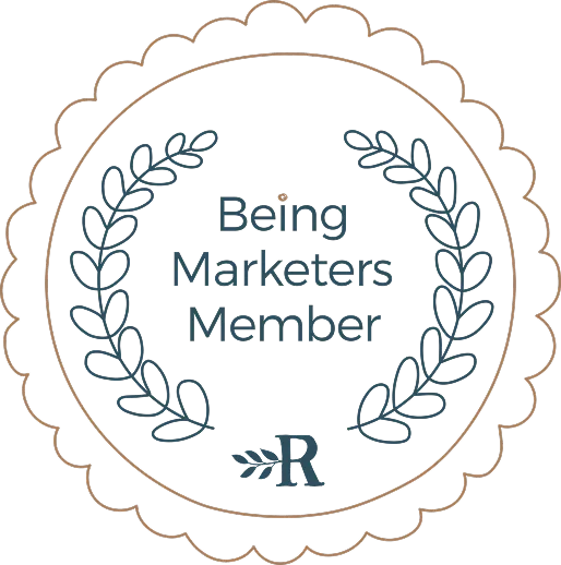A circular "Being Marketers Member" badge with a laurel wreath and the Root + River monogram.