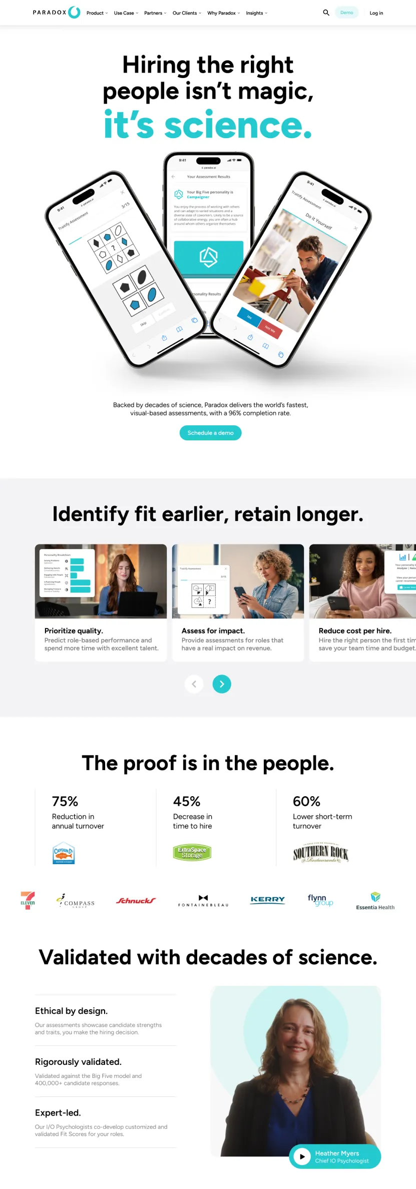 A screenshot of a Paradox product page headed "Hiring the right people isn't magic, it's science."