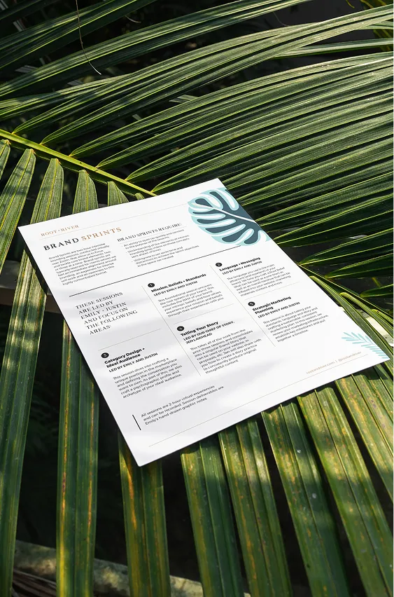 A printed Root + River document resting on palm fronds in dappled sunlight.