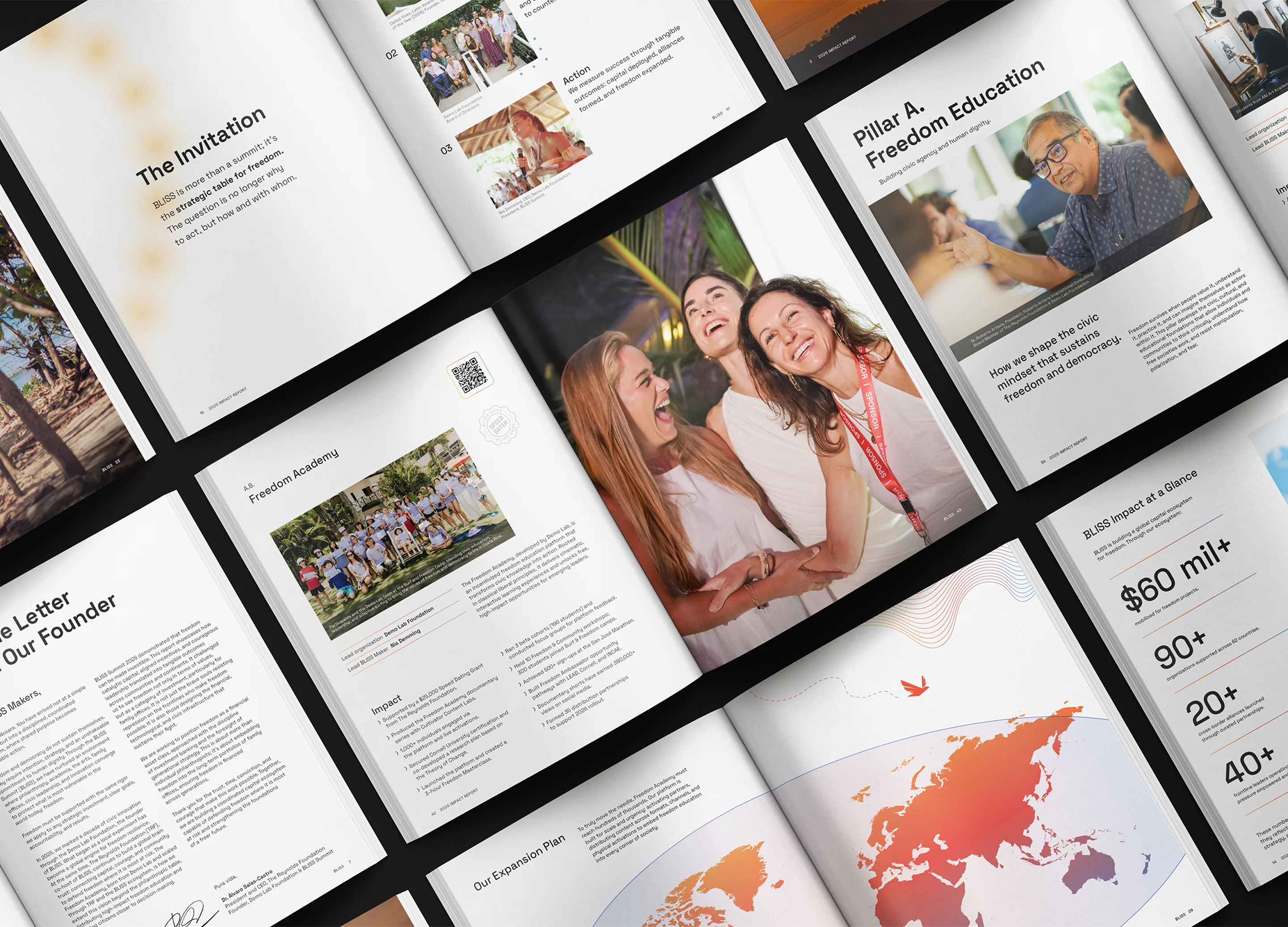 An angled grid of report and presentation spreads combining photography, charts, an orange world map and headline statistics.