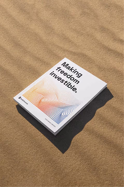 A Paradox report resting on sand, its cover reading "Making freedom investible." above a rainbow contour-line illustration.