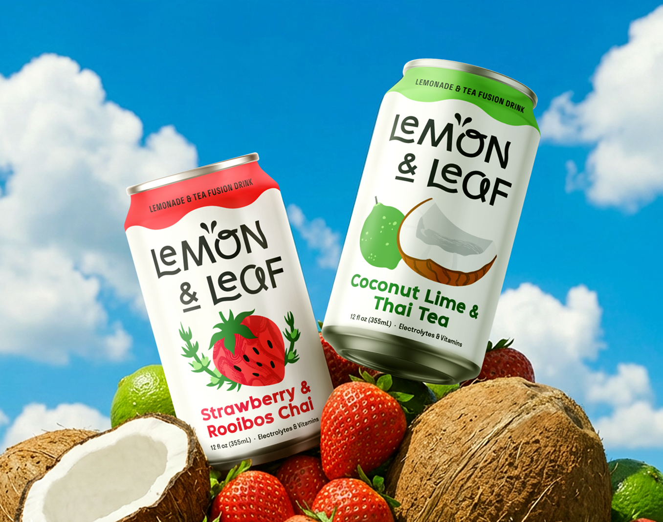 Two Lemon & Leaf cans, Strawberry & Rooibos Chai and Coconut Lime & Thai Tea, standing on a heap of fresh strawberries, halved coconuts and limes against a bright blue sky.