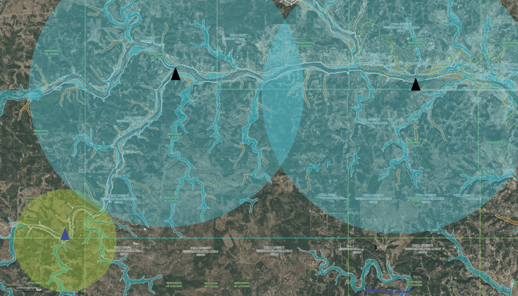 Broadcast ranges (hypothetical) of various Genasys Acoustics speakers if placed along the Guadalupe River in Kerr County, Texas
