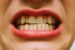 Close-up of a crossbite showing upper teeth positioned inside the lower teeth